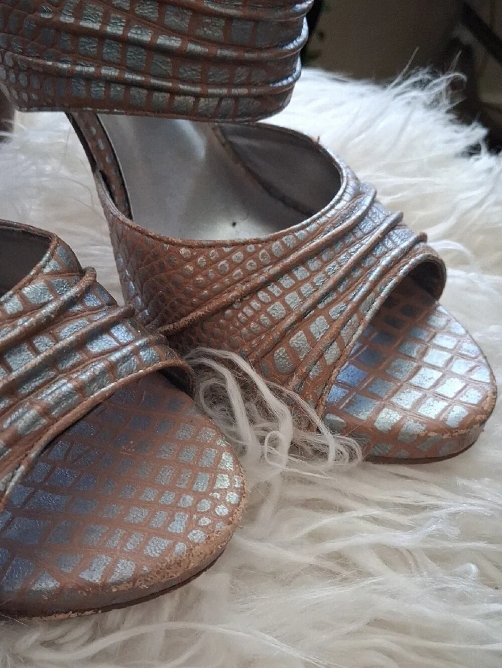 Reba Metallic Taupe Croc-Embossed Strappy Heels